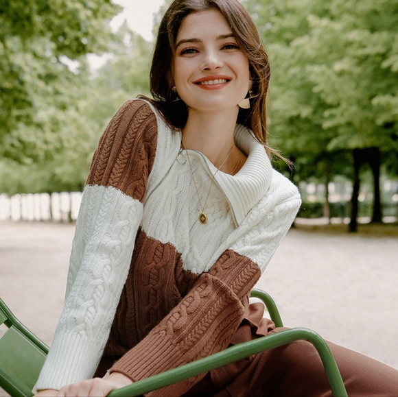 Petite Studio French Style Rowen Wool Sweater - Ivory & Caramel - Picture 3 of 8